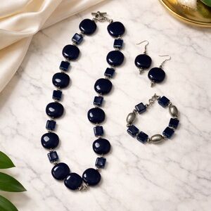 Navy Blue Beaded Necklace, Bracelet & Earring Set - Women Jewelry